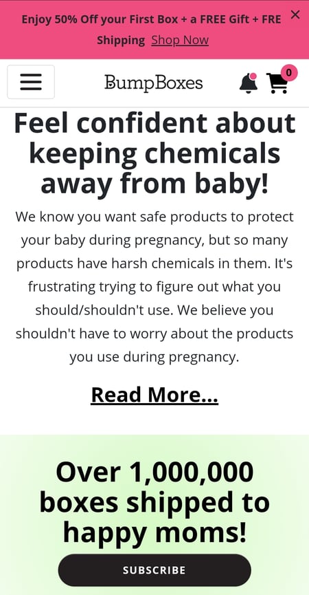 Screenshot of Bump Boxes’ mobile website with a mention that one million moms have received their product